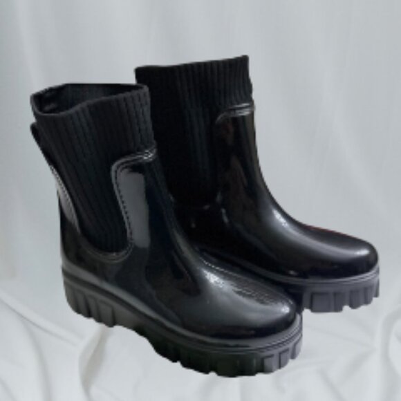 Women's Black Rubber Boots with Ribbed Knit Trim on Socks – Waterproof - Picture 1 of 7